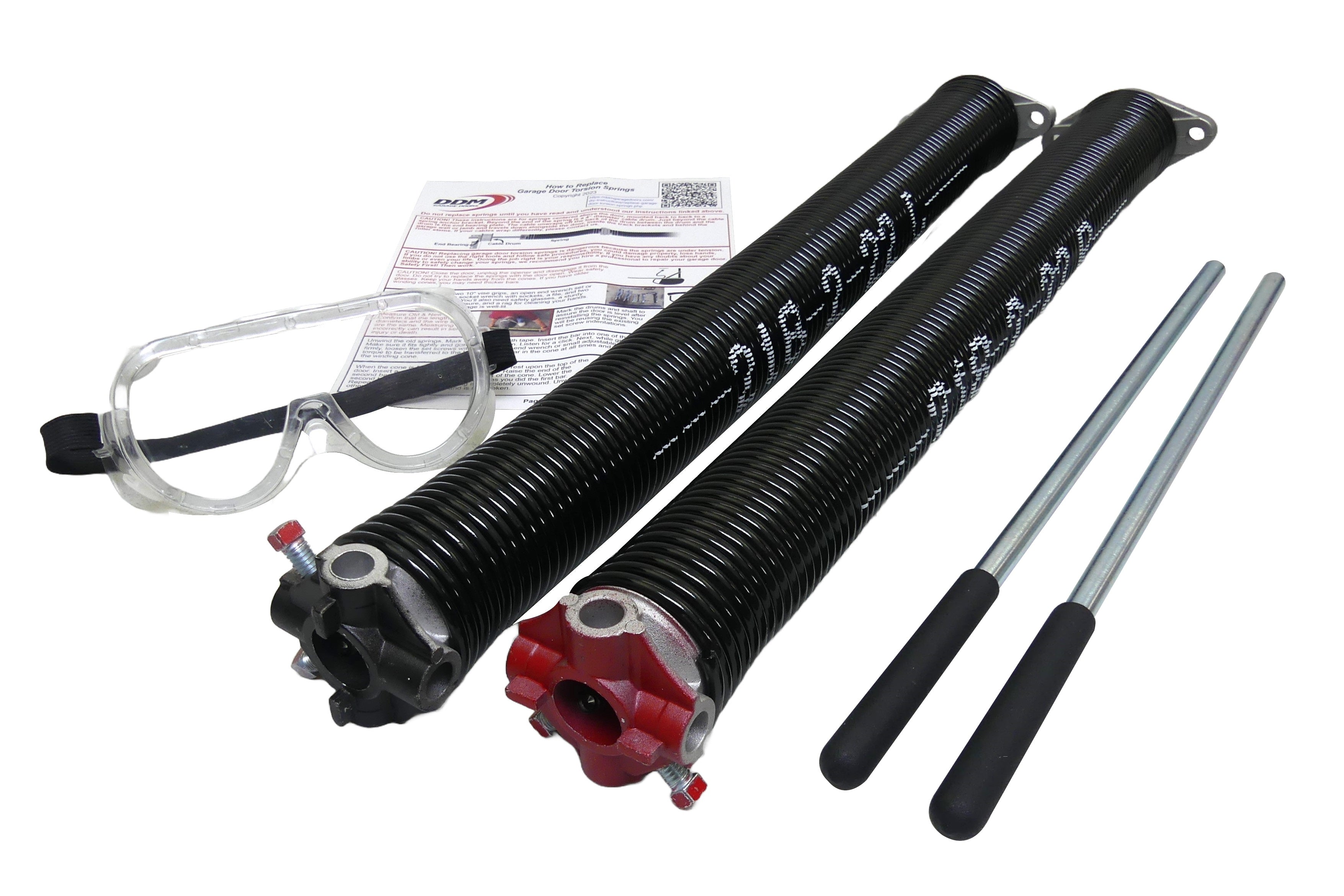 Torsion Springs, Winding Bars, Goggles. For 7' High Doors 211 to 221 LBS 2" ID .218 Wire 22" Long
